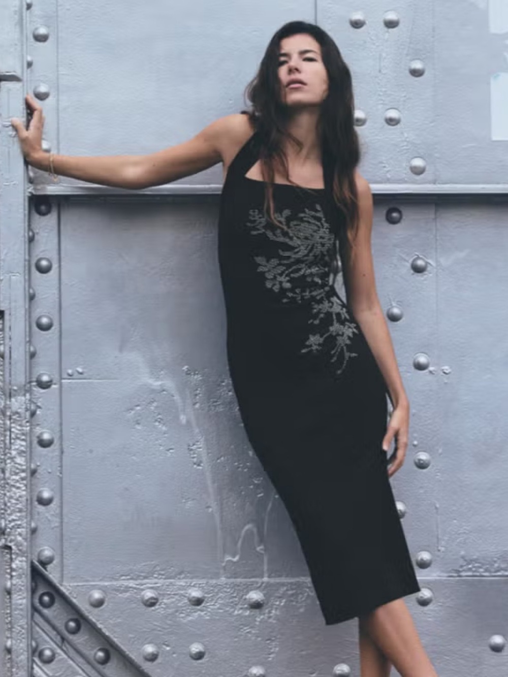 Zara Black Sleeveless Midi Dress with Silver Crystal Floral Embroidery